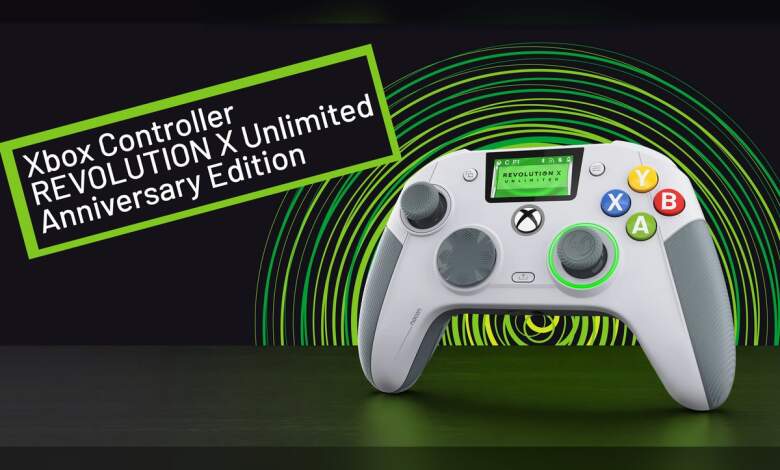 Manette Nacon Revolution X Unlimited édition anniversaire Xbox 360, vue frontale boutons, joysticks, gâchettes et design rétro
