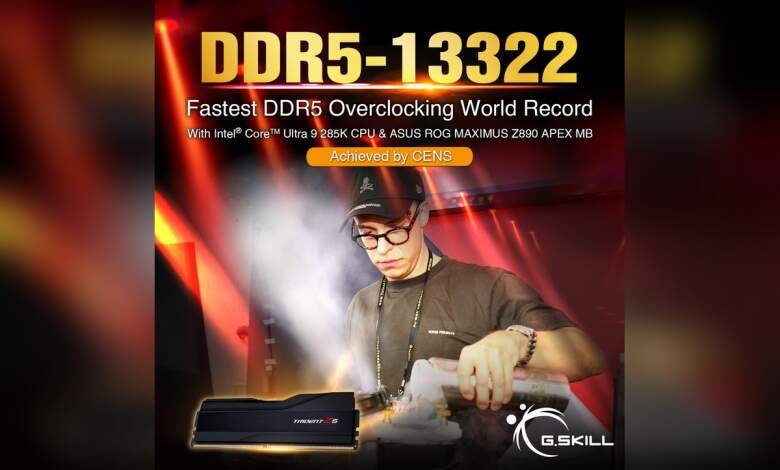 Record du monde DDR5 : G.SKILL et ASUS franchissent DDR5-13322 avec LN2 1 Modules mémoire DDR5 G.SKILL sur carte mère ASUS affichant record DDR5-13322 avec refroidissement LN2