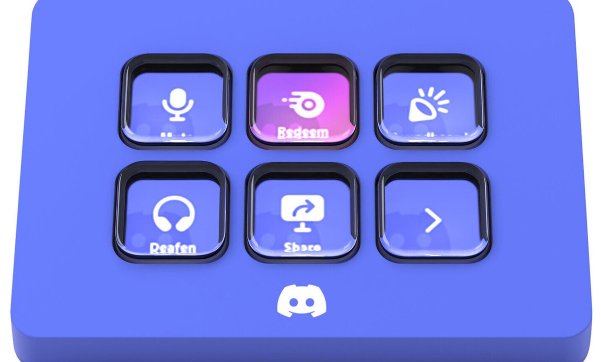 Elgato Stream Deck Mini Discord Edition posé sur bureau, boutons rétroéclairés, contrôleur macro pour créateurs