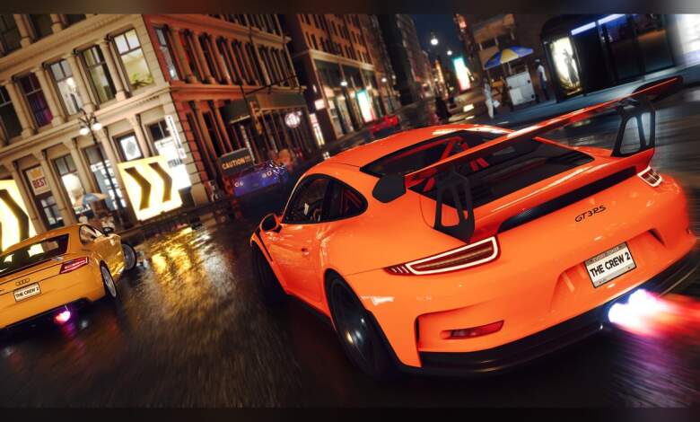 Logo Ubisoft et image conceptuelle d'un jeu de course The Crew, graphismes AAA, IA, rendu 3D, GPU, optimisation performance