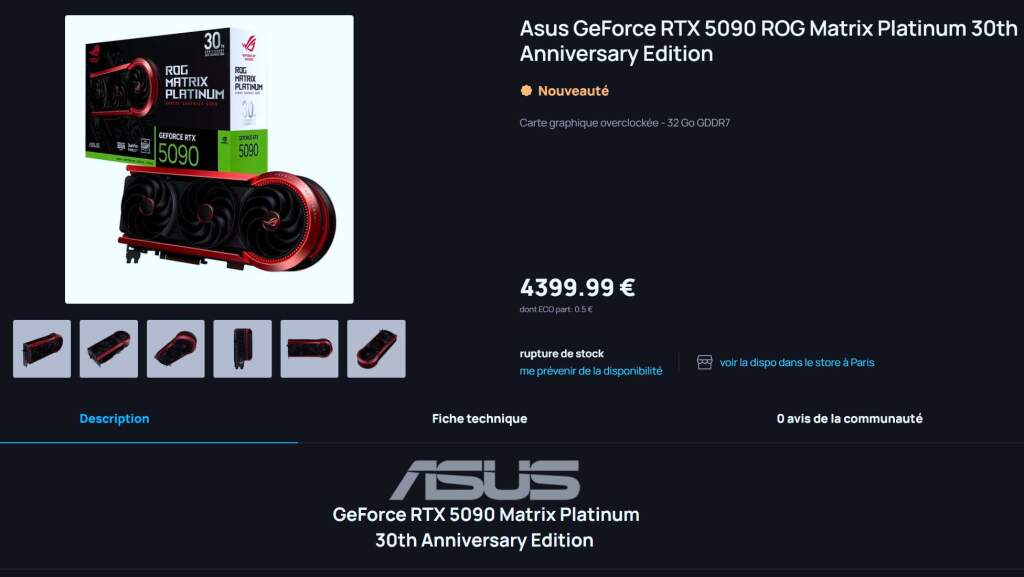ASUS ROG Matrix Platinum RTX 5090 à 4 399 € en France : édition limitée à 1 000 unités 28 rog matrix rtx5090 p32g 30th prix 4399 eur ldlc topachat
