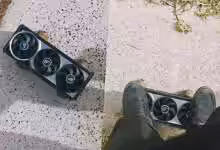 Moddeur transformant le radiateur ROG Astral d’une RTX 5080 en skateboard, grosse plaque ailetée montée avec trucks et roues,