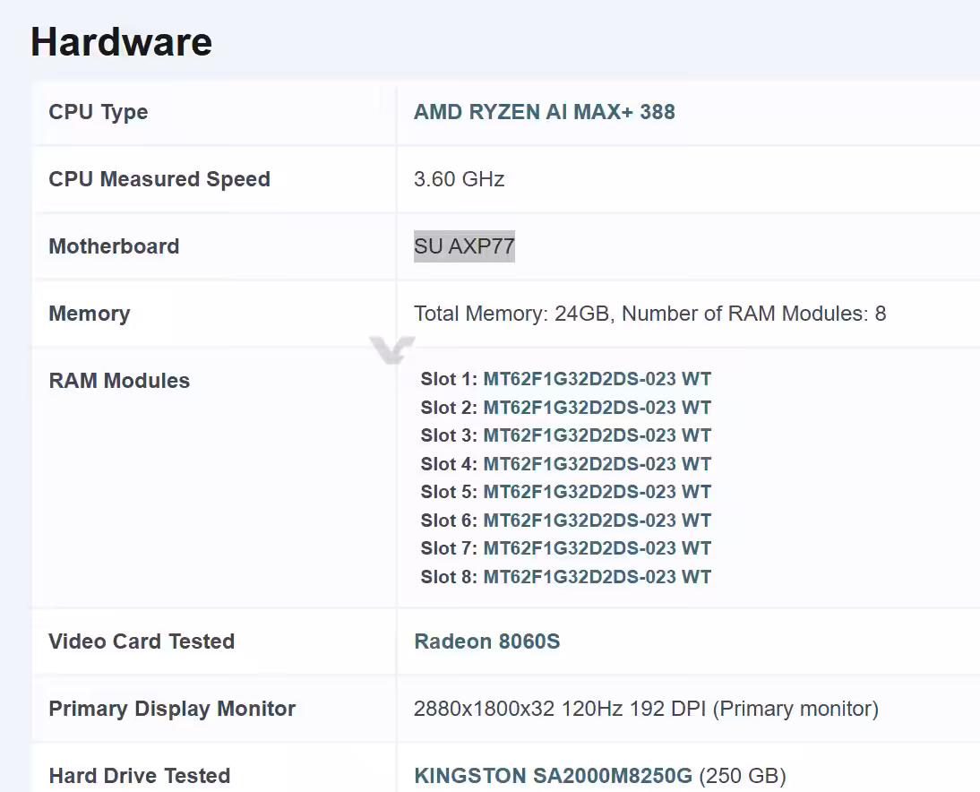 Visuel du Ryzen AI MAX 388, APU Strix Halo orienté gaming, avec GPU Radeon 8060S, montrant le design et le marquage du proces