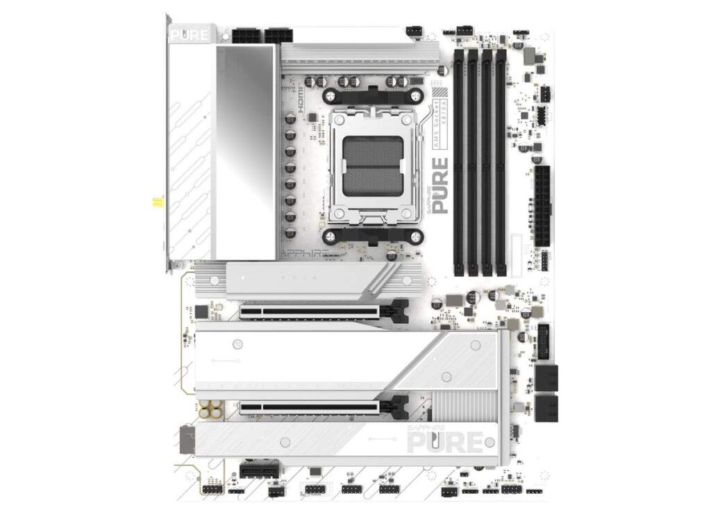 Vue rapprochée de la carte mère Sapphire PURE X870A WiFi 7 en version blanche, montrant les connecteurs PCIe, radiateurs et a