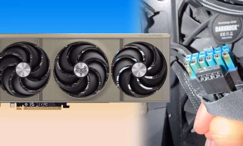 Gros plan du connecteur 12V-2×6 brûlé d’une carte graphique Sapphire Radeon RX 9070 XT, montrant noircissement et fonte des b