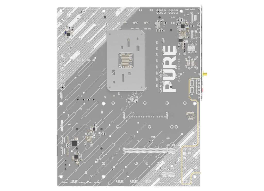Carte mère Sapphire X870A PURE blanche vue de dessus avec radiateurs, slots PCIe et connecteurs WiFi 7 visibles