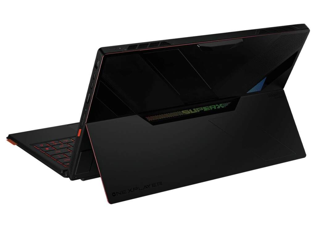 Vue de la tablette Super X gaming avec processeur Ryzen AI Max+ 395, design gamer et système de refroidissement liquide visib