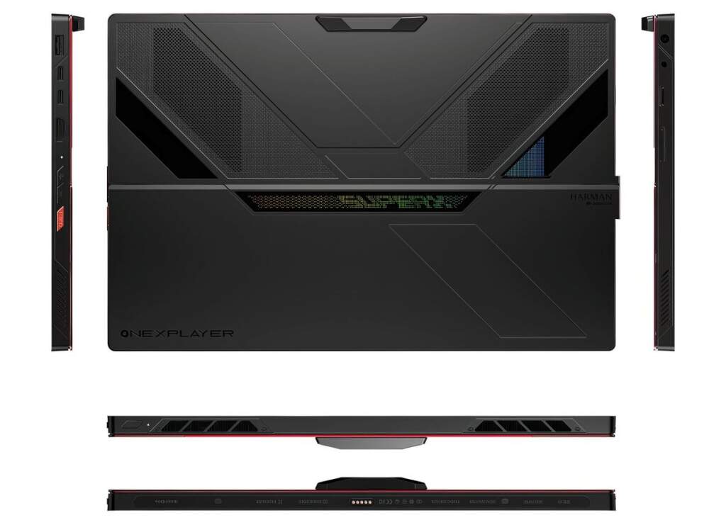Vue de la Super X gaming tablet avec processeur Ryzen AI Max+ 395, dissipateur et système de refroidissement liquide visible,