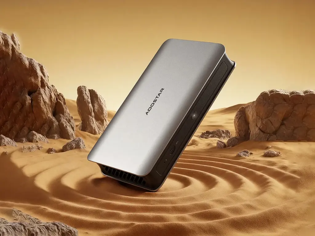 AOOSTAR NEX395 : mini‑PC Ryzen AI Max+ 395, 128 Go LPDDR5X‑8533 et mode 140 W 2 Mini‑PC AOOSTAR NEX395 Strix Halo vu de face, boîtier compact noir, mention 128 Go LPDDR5X‑8533 et mode 140 W