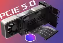 Support GPU vertical PCIe 5.0 Cooler Master en kit modulable avec câble 165 mm, vue du produit monté près d'une carte graphiq