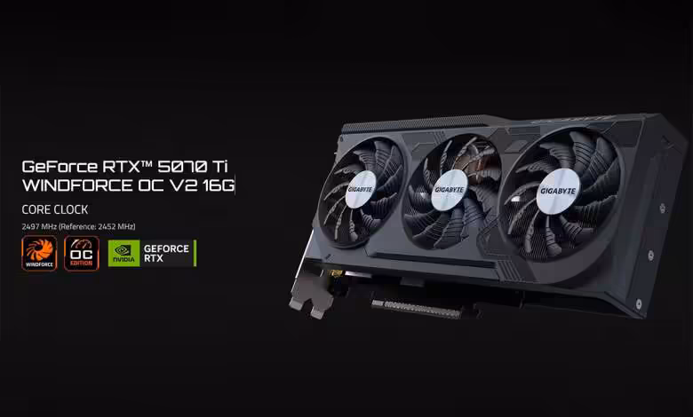 Carte graphique Gigabyte RTX 5070 Ti Windforce V2 raccourcie montrant l'absence de gel thermique et le refroidissement à aile