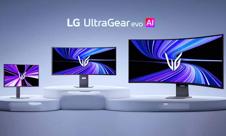 LG Moniteurs UltraGear evo ai 2026 photo montrant les 3 modèles de la nouvelle gamme 52, 39 et 27 pouces