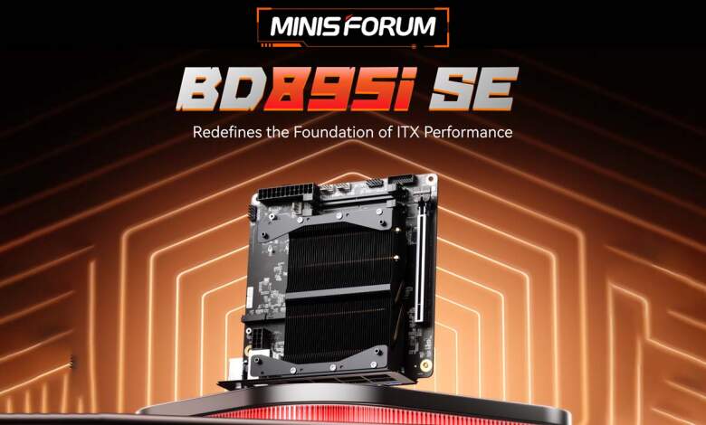 Minisforum BD895i SE MoDT avec Ryzen 9 8945HX : Mini-ITX musclé à 439 EUR 1 Carte mère Minisforum BD895i SE en format Mini‑ITX avec processeur Ryzen 9 8945HX, VRM, connecteurs et dissipateur visibles
