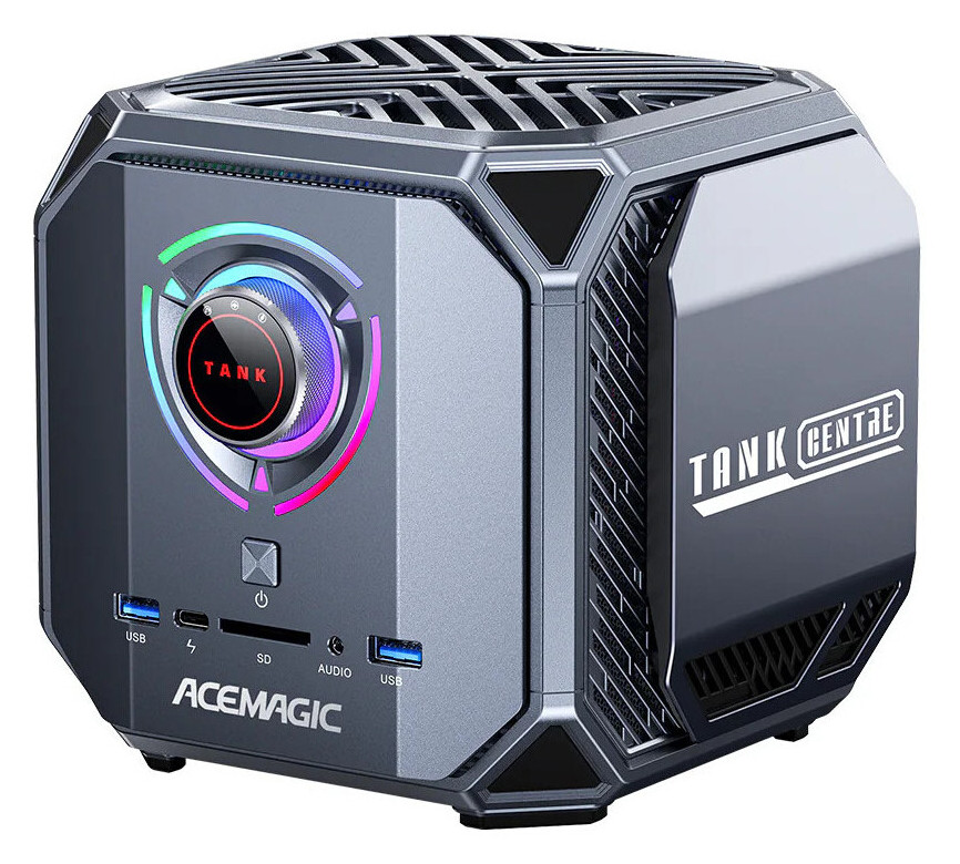 Acemagic Tank Centre M1A PRO et PRO+ vue frontale des boîtiers compacts avec Ryzen AI Max+ 395, ports I/O et refroidissement