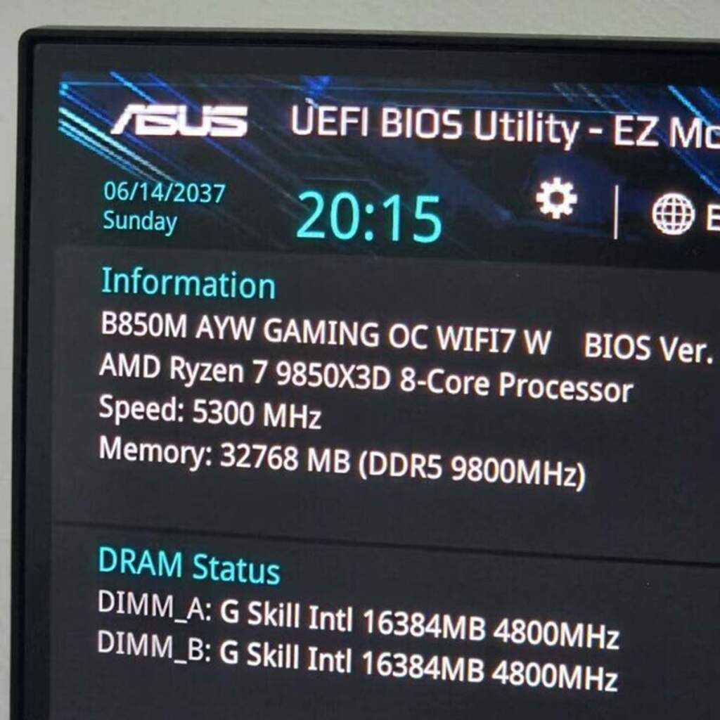 amd ryzen 7 9850x3d 9800 mts ddr5 bios shot asus