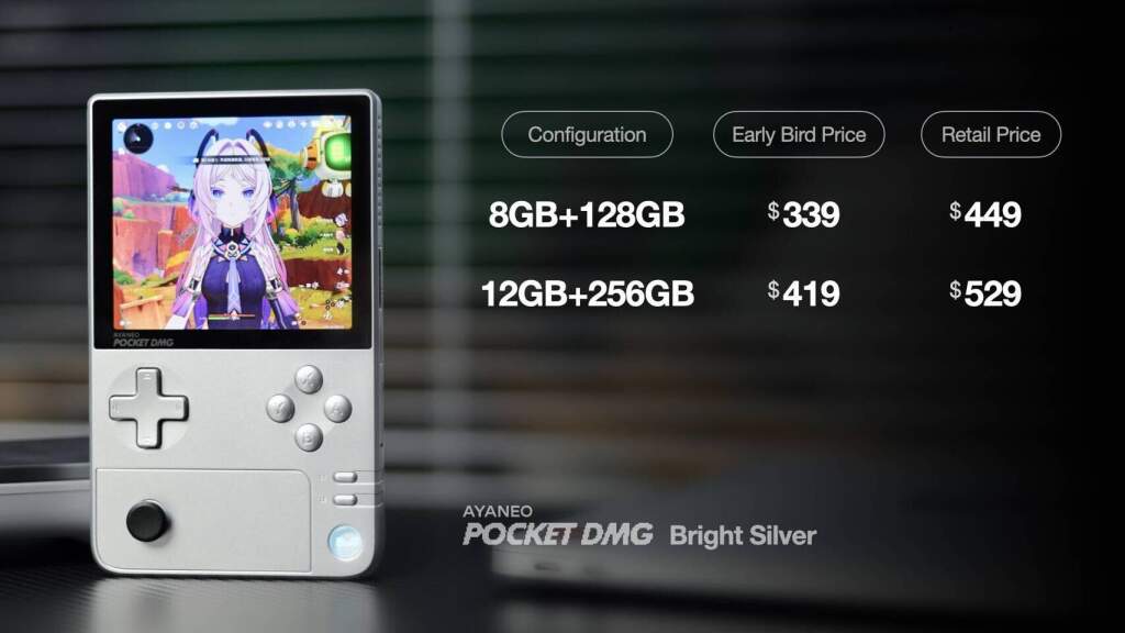 AYANEO Pocket DMG se pare d’un fini Bright Silver en édition limitée 5 AYANEO Pocket DMG édition limitée Bright Silver, console portable hardware compacte, écran LCD, boutons physiques, finition métal