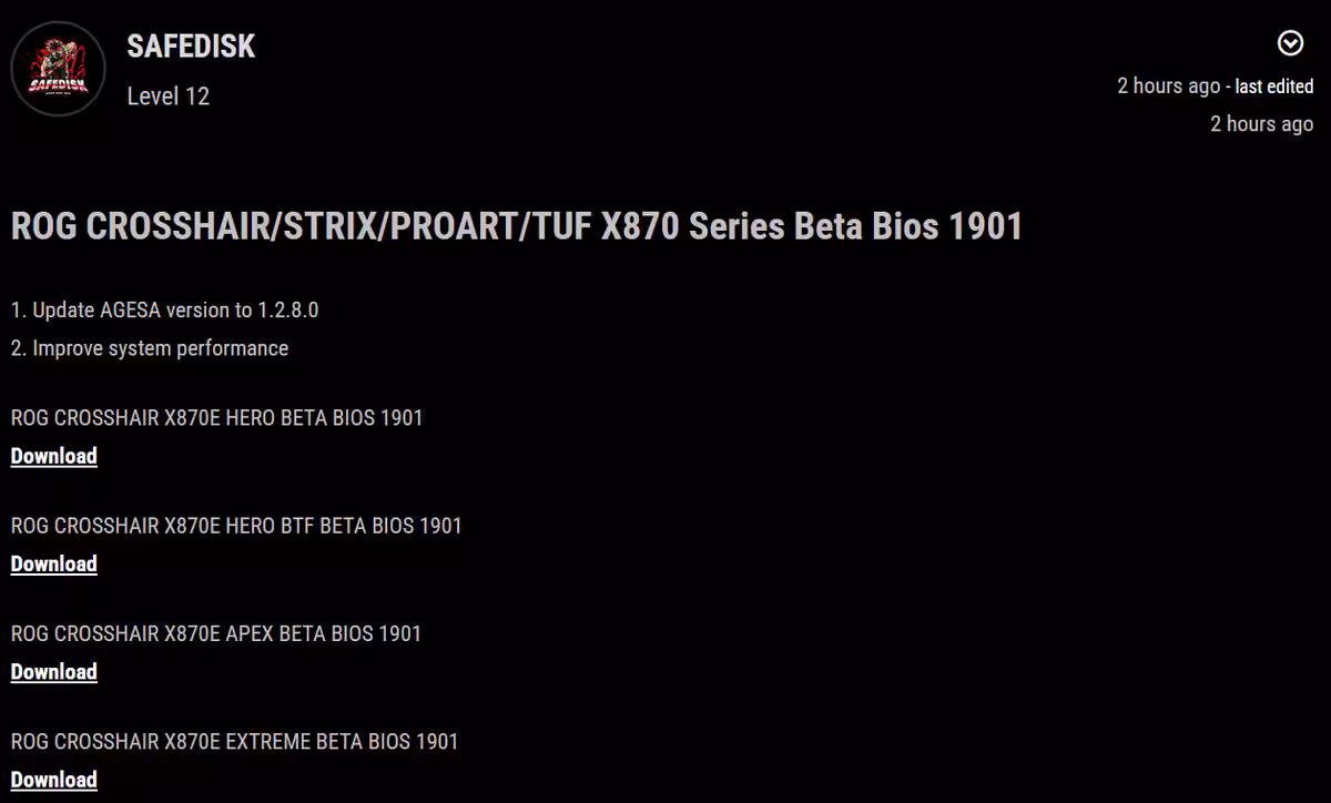Interface BIOS ASUS X870 affichant la version AGESA 1.2.8.0 et réglages mémoire DDR5, écran de configuration technique