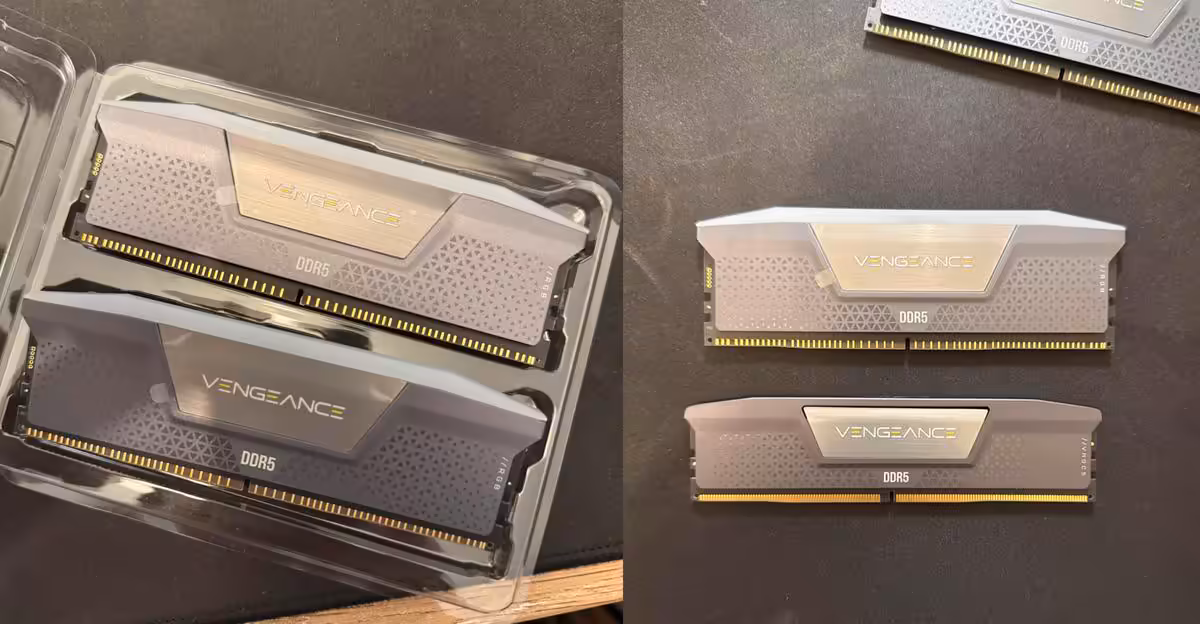 Photographie d’un kit RAM DDR5 Corsair 96 Go remplacé par modules RGB factices blancs et multicolores, montrant l’erreur de R