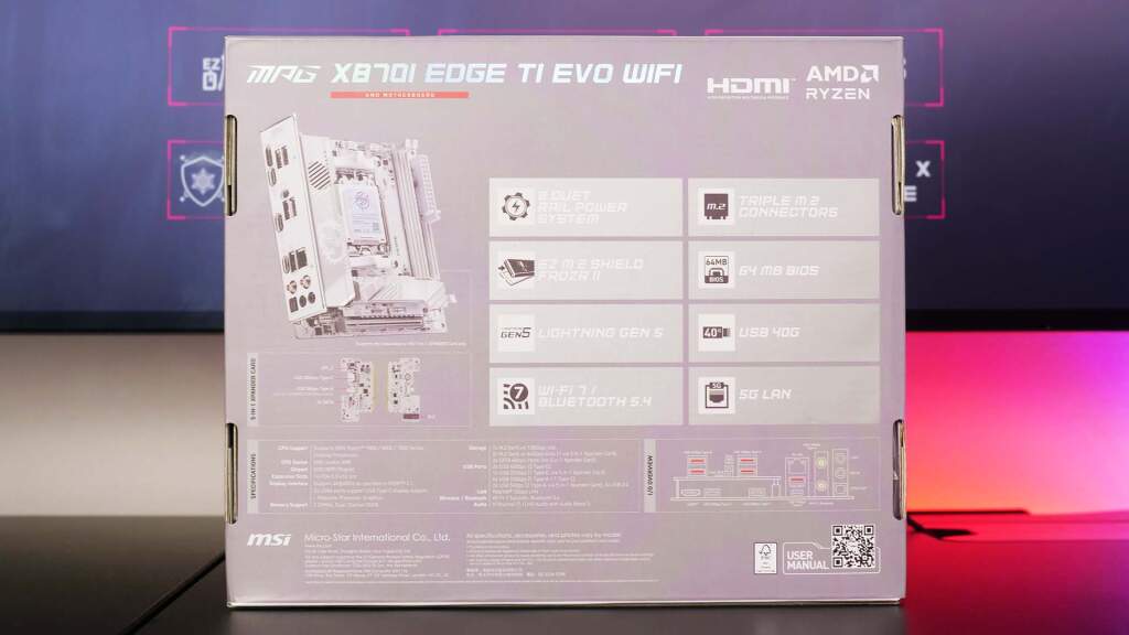 Test MSI MPG X870I Edge Ti EVO WiFi : la carte mère X870 Mini-ITX ultime ? 67 emballage de la mpg x870 i edge ti evo wifi face arrière