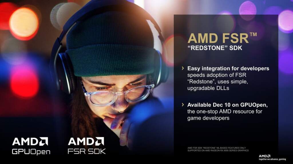 Interface et visuels du FSR SDK 2.1.0 montrant Redstone et l’unification des effets ML sous DirectX 12 par AMD