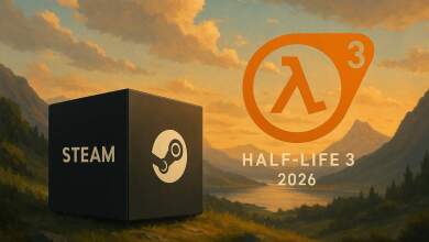 Illustration d'une Steam Machine noire et logo Half-Life 3 évoquant le lancement au printemps 2026 pour la franchise Valve