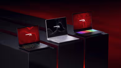 Photo des portables HP Omen 15, Omen 16 et Omen Max 16 montrant design et logos, leak RTX 5090 et processeurs Panther Lak