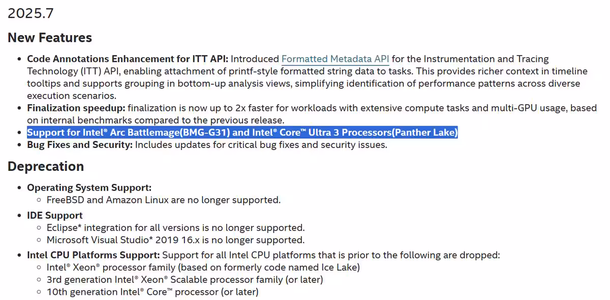 Carte graphique Intel Arc Battlemage BMG-G31 en rendu, confirmation dans VTune et lien au lancement Panther Lake