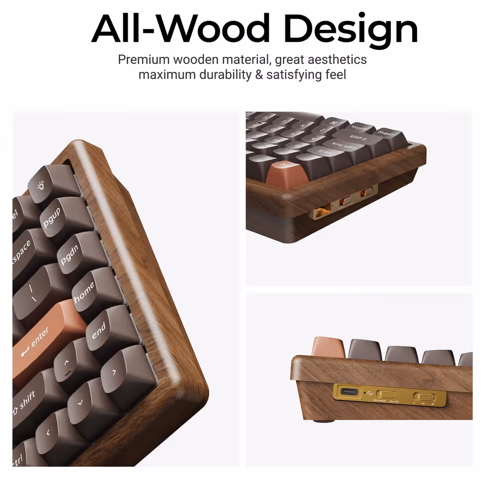 Clavier mécanique Keychron K2 HE édition noyer tout‑bois, rétroéclairage RGB, touches magnétiques, compact 75% pour PC et Mac