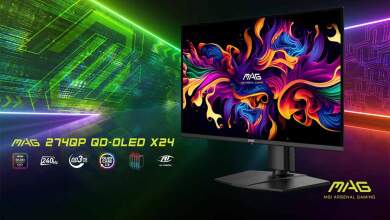 Moniteur MSI MAG 274QP QD‑OLED 26,5 pouces vue de face, dalle QD‑OLED, rafraîchissement 240 Hz