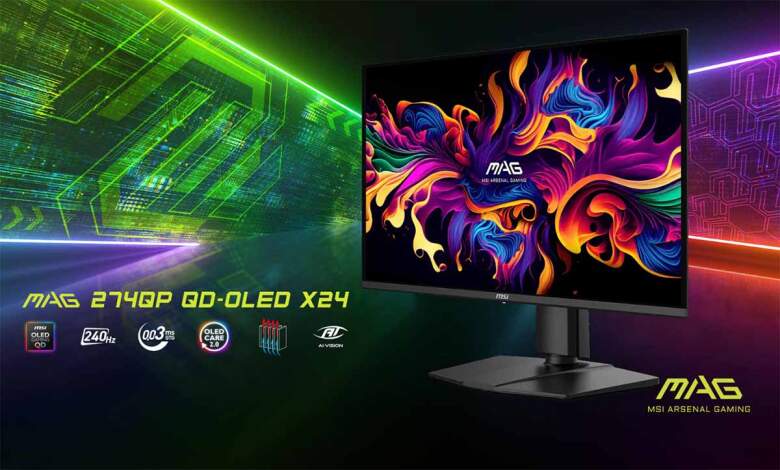 Moniteur MSI MAG 274QP QD‑OLED 26,5 pouces vue de face, dalle QD‑OLED, rafraîchissement 240 Hz