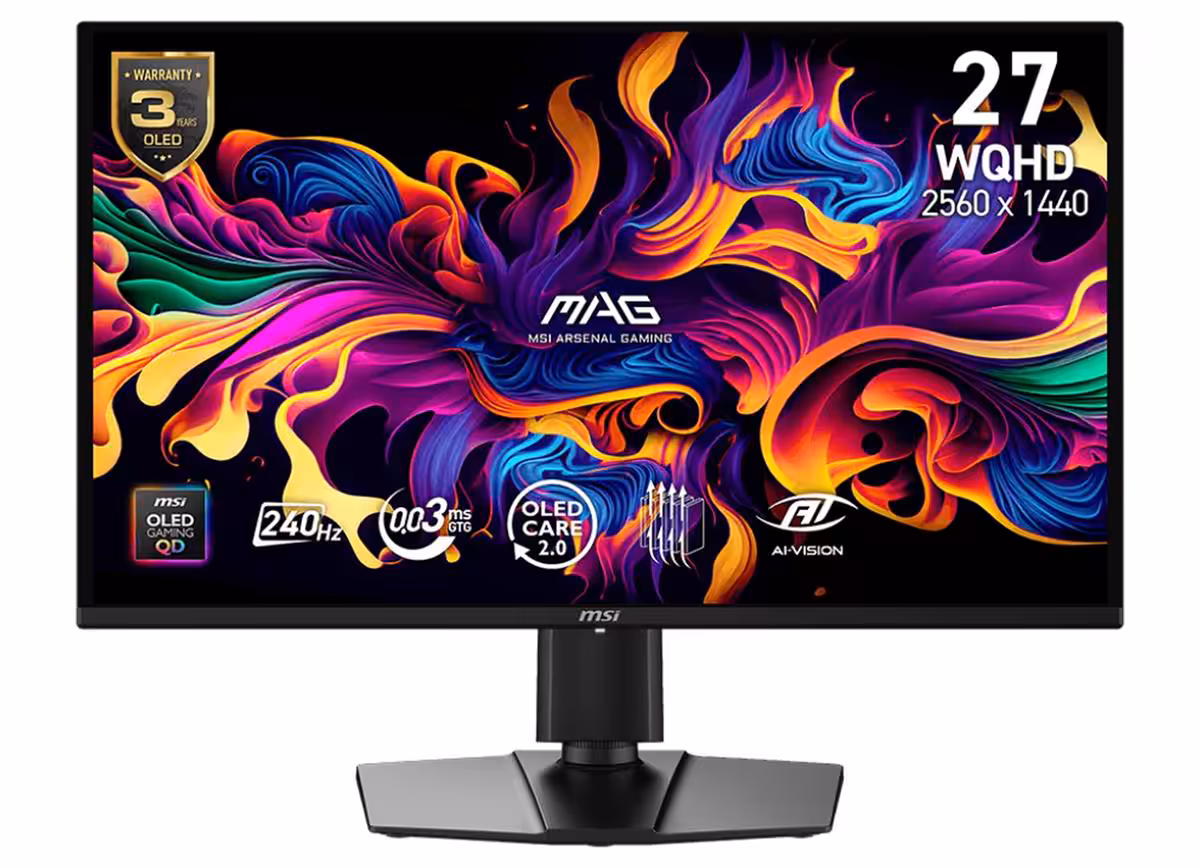 Vue rapprochée du moniteur MSI MAG 274QP QD‑OLED 26,5 pouces affichant une image vive, angle et design de la dalle, mention 2