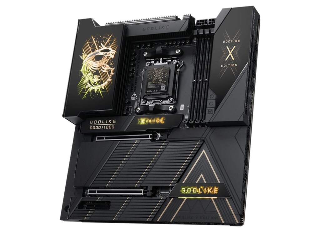 Vue rapprochée de la carte mère MSI MEG X870E GODLIKE X Edition limitée, composants et radiateurs visibles, édition collector