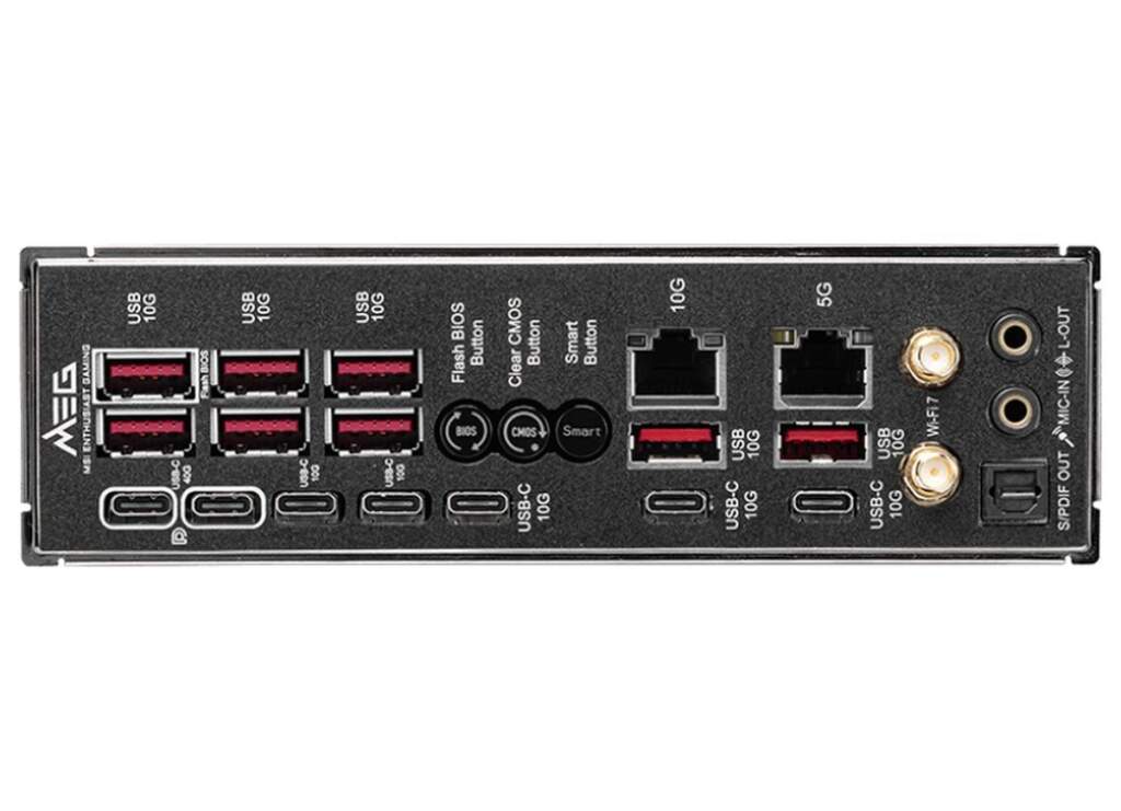 Vue rapprochée de la carte mère MSI MEG X870E GODLIKE X Edition collector, composants, radiateurs et éclairage RGB, édition l