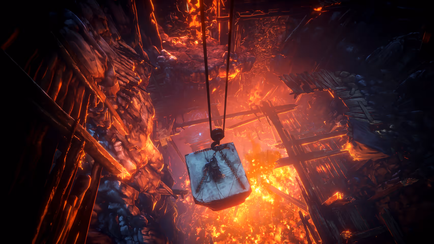 Capture d'écran coopérative de No Rest for the Wicked sur PC montrant HUD, armes, effets de particules et environnement sombre