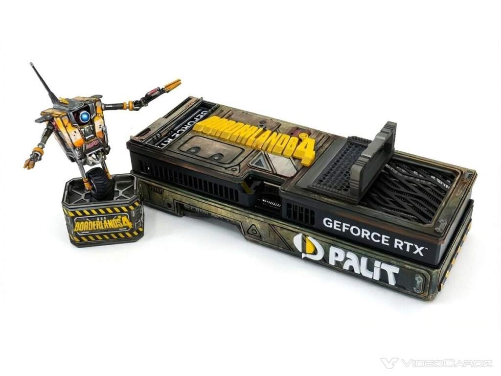 Carte graphique Palit GeForce RTX 5070 12GB GamingPro édition Borderlands 4 vue de trois modèles custom alignés côté ventilat