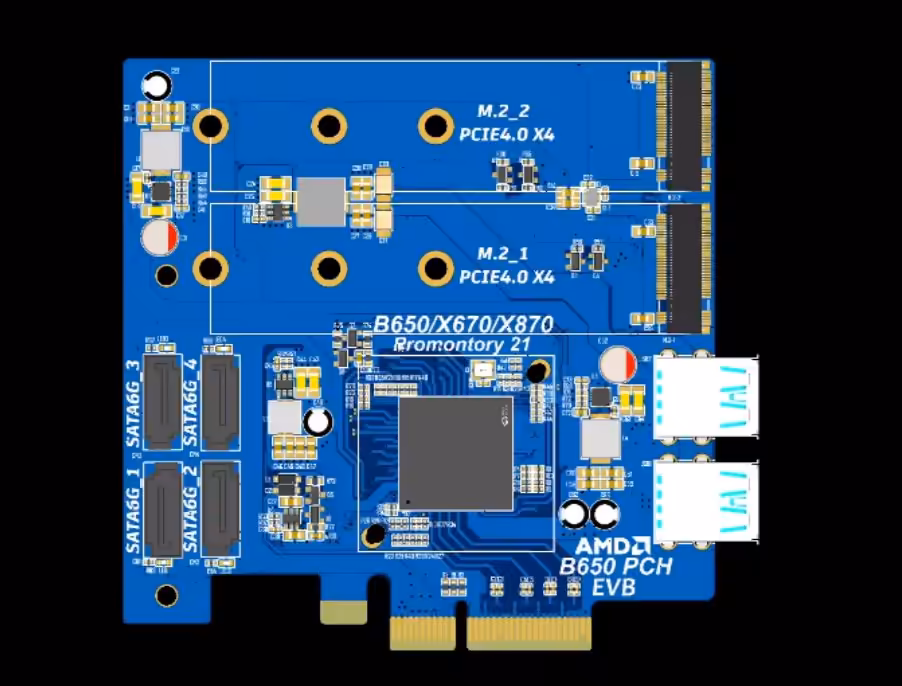AMD Promontory 21 : le chipset AM5 devient une carte PCIe M.2, SATA et USB 7 Carte d'extension Promontory 21 montrant contrôleur ASMedia avec deux emplacements M.2 PCIe 4.0 et prises SATA, compatible In