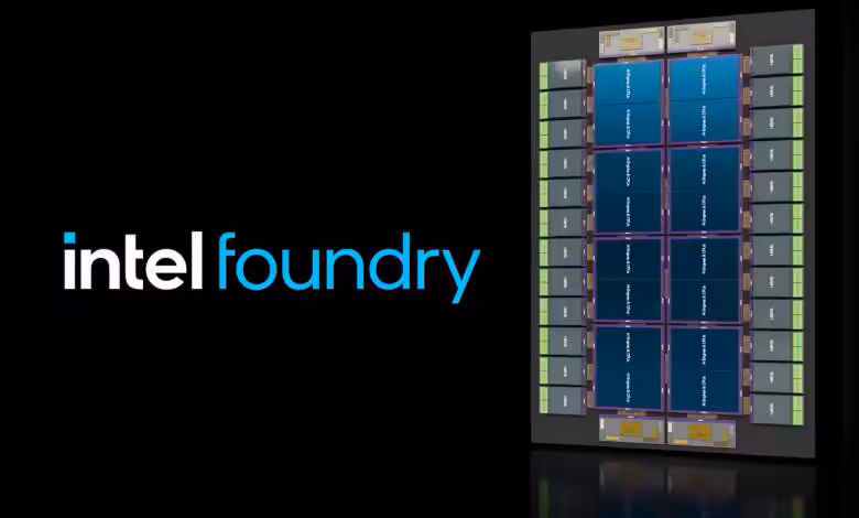 Schéma package Intel Foveros 3D et EMIB-T montrant jusqu’à 16 dies et 24 HBM5 pour GPU/CPU modulaire