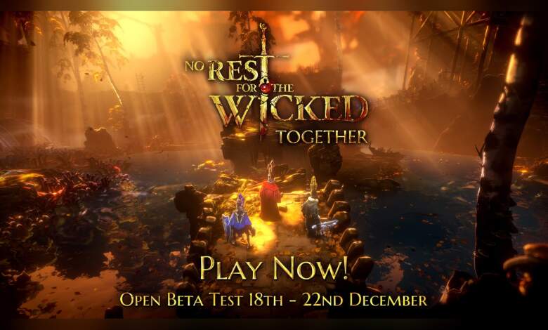 Capture d'écran coopérative de No Rest for the Wicked sur Steam montrant HUD, armes, effets de particules et environnement graphique haute fidélité