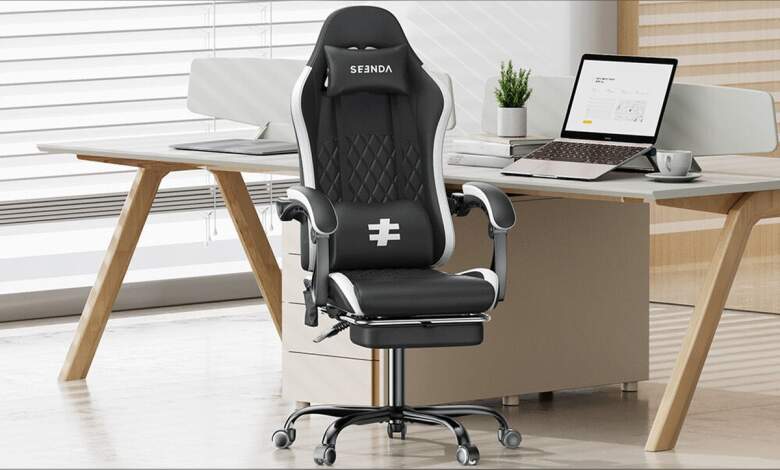 Fauteuils gaming Seenda GCP-12A et GCP-10A en tissu et simili cuir, support lombaire, accoudoirs 4D, finition noire, prix < 120 $