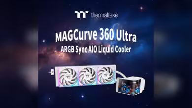 Radiateur AIO Thermaltake MAGCurve 360 Ultra ARGB avec ventilateurs 120 mm et écran AMOLED courbe, pompe RGB, tuyaux renforcés