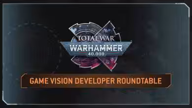 Capture d'écran promotionnelle Total War Warhammer 40,000 montrant vaisseau de guerre et effets lumineux, rendu graphique haute résolution, textures détaillées GPU