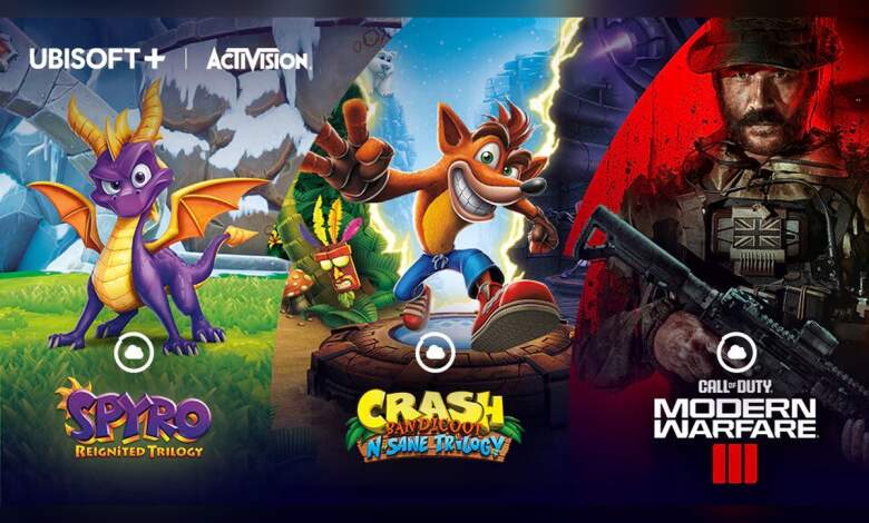 Logo Ubisoft+ Premium sur interface streaming, icônes jeux Activision, streaming cloud, compatibilité PC et console, HDR, faible latence