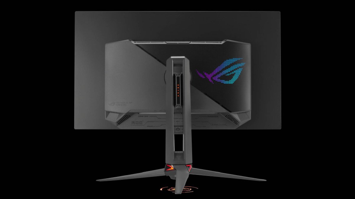 Vue du moniteur ROG Swift OLED PG32UCDM Gen 3 32 pouces 4K QD-OLED avec boîtier BlackShield et connecteur DisplayPort 2.1 vis