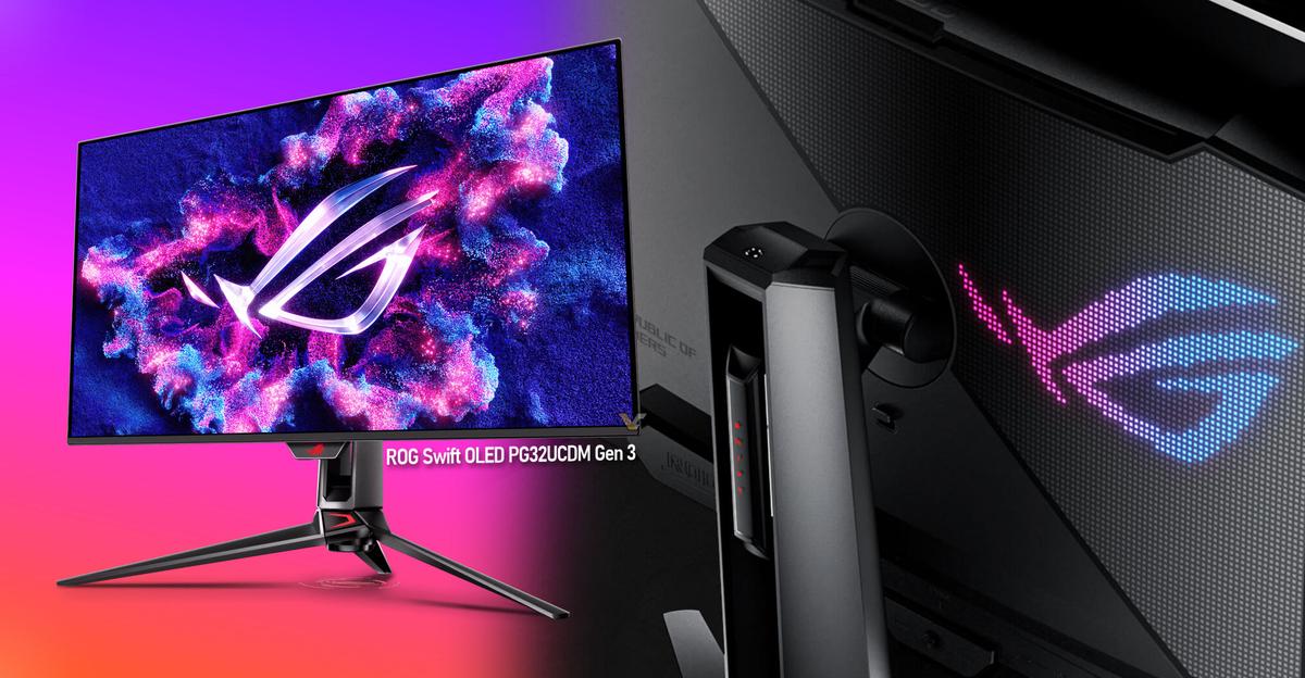 Moniteur ROG Swift OLED PG32UCDM Gen 3 32 pouces en 4K QD‑OLED, face avant montrant dalle, finition BlackShield et logos