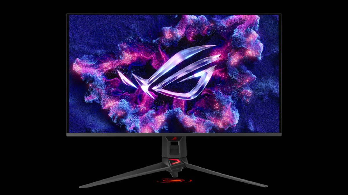 Vue avant du moniteur ROG Swift OLED PG32UCDM Gen 3 32 pouces 4K QD‑OLED avec design BlackShield et connecteur DisplayPort 2.