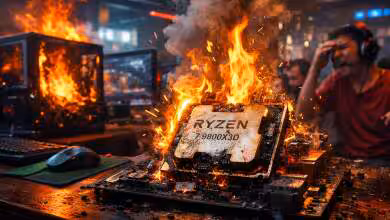 Illustration artistique d’un cybercafé où un PC gaming prend feu, métaphore d’un débat sur des pannes rapportées touchant 15 Ryzen 7 9800X3D