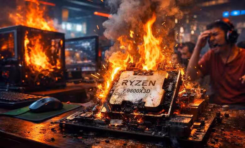 Ryzen 7 9800X3D : Hécatombe dans un cybercafé, faut-il s’inquiéter pour le nouveau roi d’AMD ? 1 Illustration artistique d’un cybercafé où un PC gaming prend feu, métaphore d’un débat sur des pannes rapportées touchant 15 Ryzen 7 9800X3D