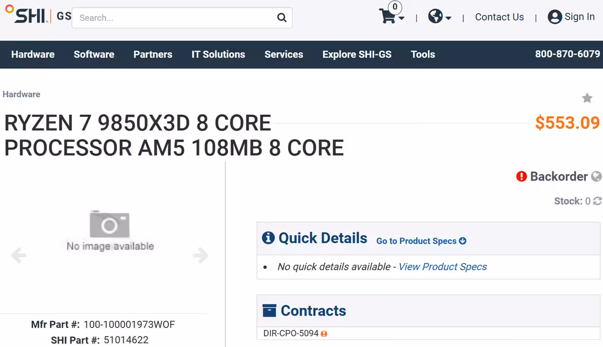 Capture fiche processeur AMD Ryzen 7 9850X3D chez un revendeur au prix de 553 dollars