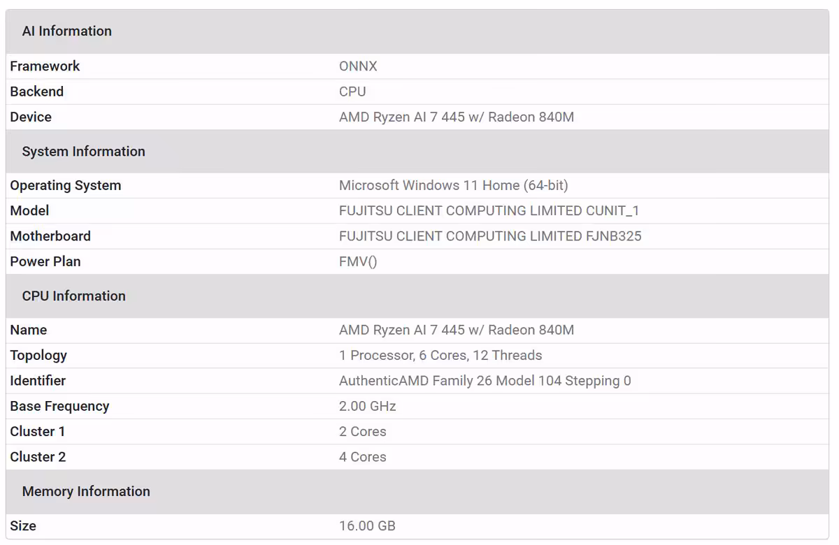 Ryzen AI 7 445 : un « Gorgon Point » 6 cœurs avec Radeon 840M se montre 2 Visuel du tableau de spécifications du Ryzen AI 7 445 Gorgon Point, processeur 6 cœurs avec GPU intégré Radeon 840M, fréquenc