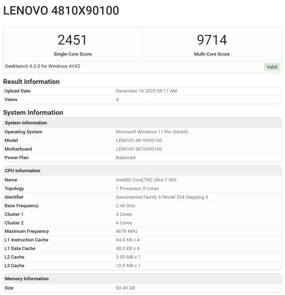 Ryzen AI 9 465 vs Core Ultra 7 365 : premiers scores Geekbench à l’avantage d’AMD 2 Photo du processeur Intel Core Ultra 7 365 en gros plan, comparé aux premiers scores Geekbench face au Ryzen AI 9 465
